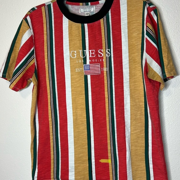 VTG GUESS David Sayer Vertical Stripe T Shirt Embroidered US Flag Spellout Y2K M - Picture 3 of 16